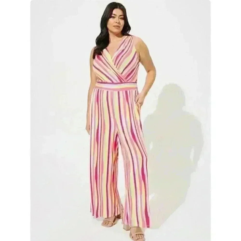 Torrid Women Super Soft Surplice Jumpsuit 1X Stripe Ivory Stripe Wide Leg Bright